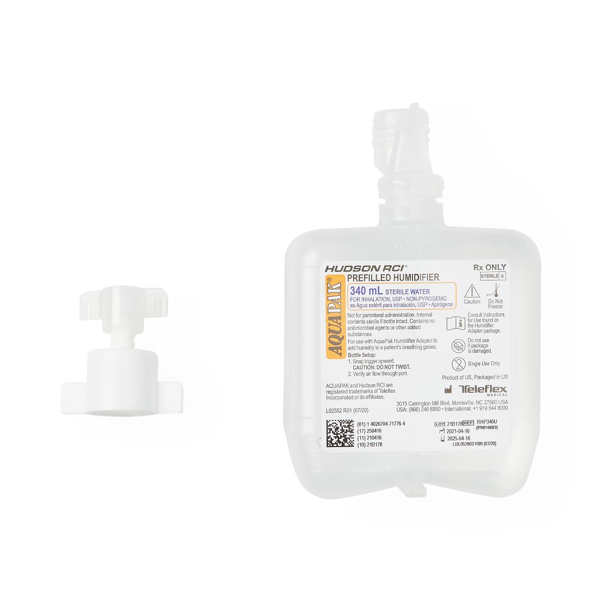 Aquapak Kit, Humidifier Adaptor, Sterile Water, 340mL, 20/CS