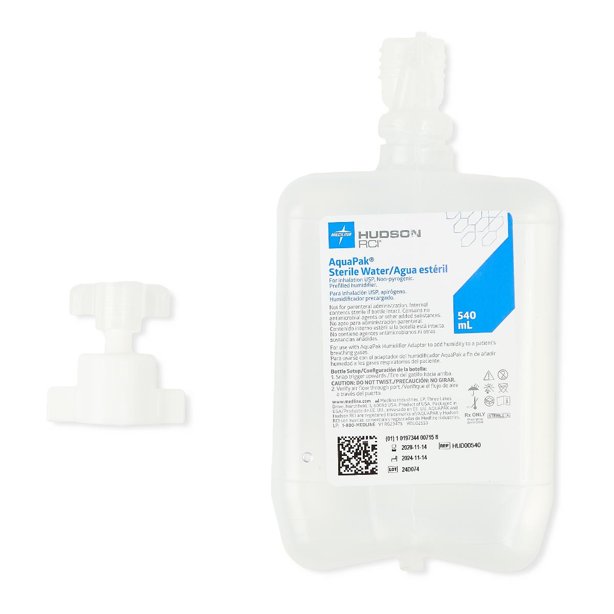 AquaPak Bubble Prefilled Humidifier Kit with Adapter HUD00040 and 540 mL Sterile Water Reservoir